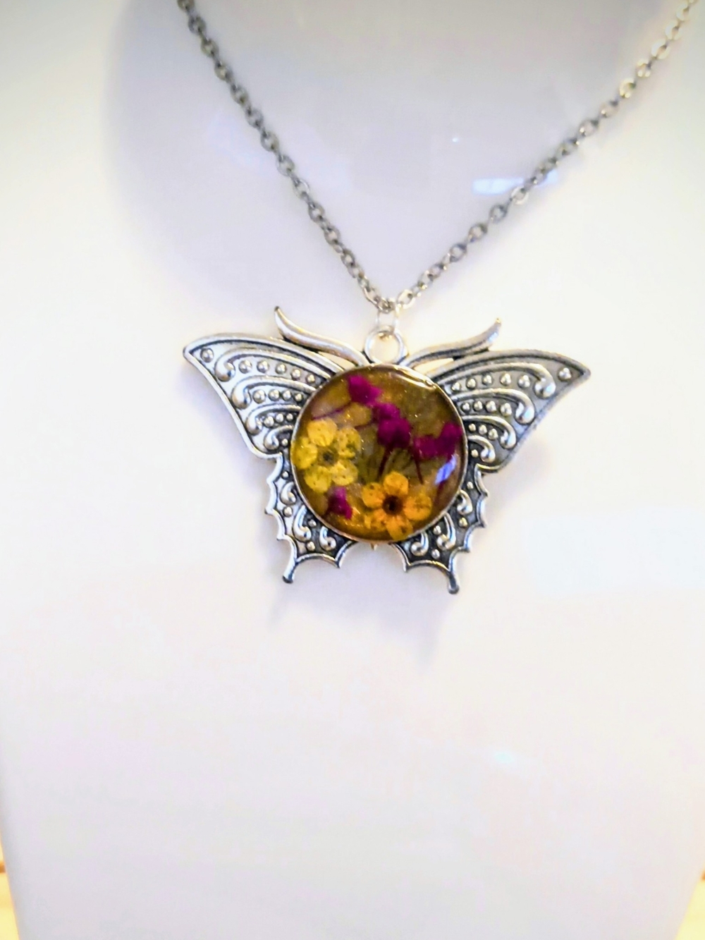 Silver Butterfly Pendant Necklace with Yellow & Purple Flowers